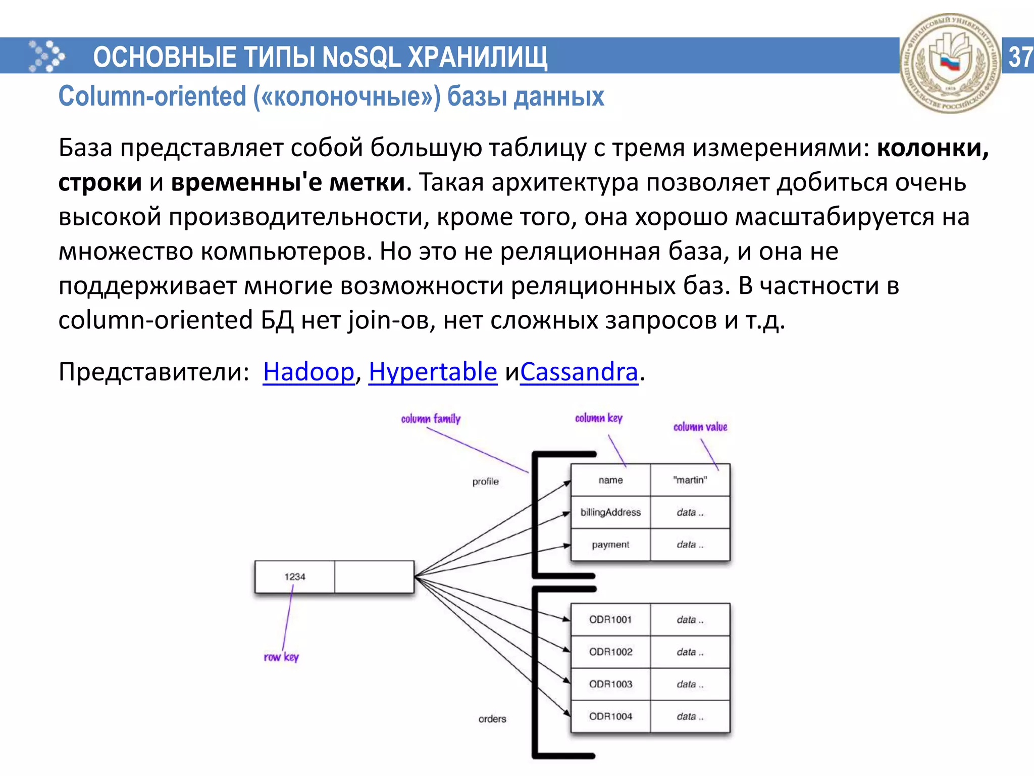 37ОСНОВНЫЕ ТИПЫ NoSQL ХРАНИЛИЩ
Column-oriented («колоночные») базы данных
База представляет собой большую таблицу с тремя измерениями: колонки,
строки и временны'е метки. Такая архитектура позволяет добиться очень
высокой производительности, кроме того, она хорошо масштабируется на
множество компьютеров. Но это не реляционная база, и она не
поддерживает многие возможности реляционных баз. В частности в
сolumn-oriented БД нет join-ов, нет сложных запросов и т.д.
Представители: Hadoop, Hypertable иCassandra.
 