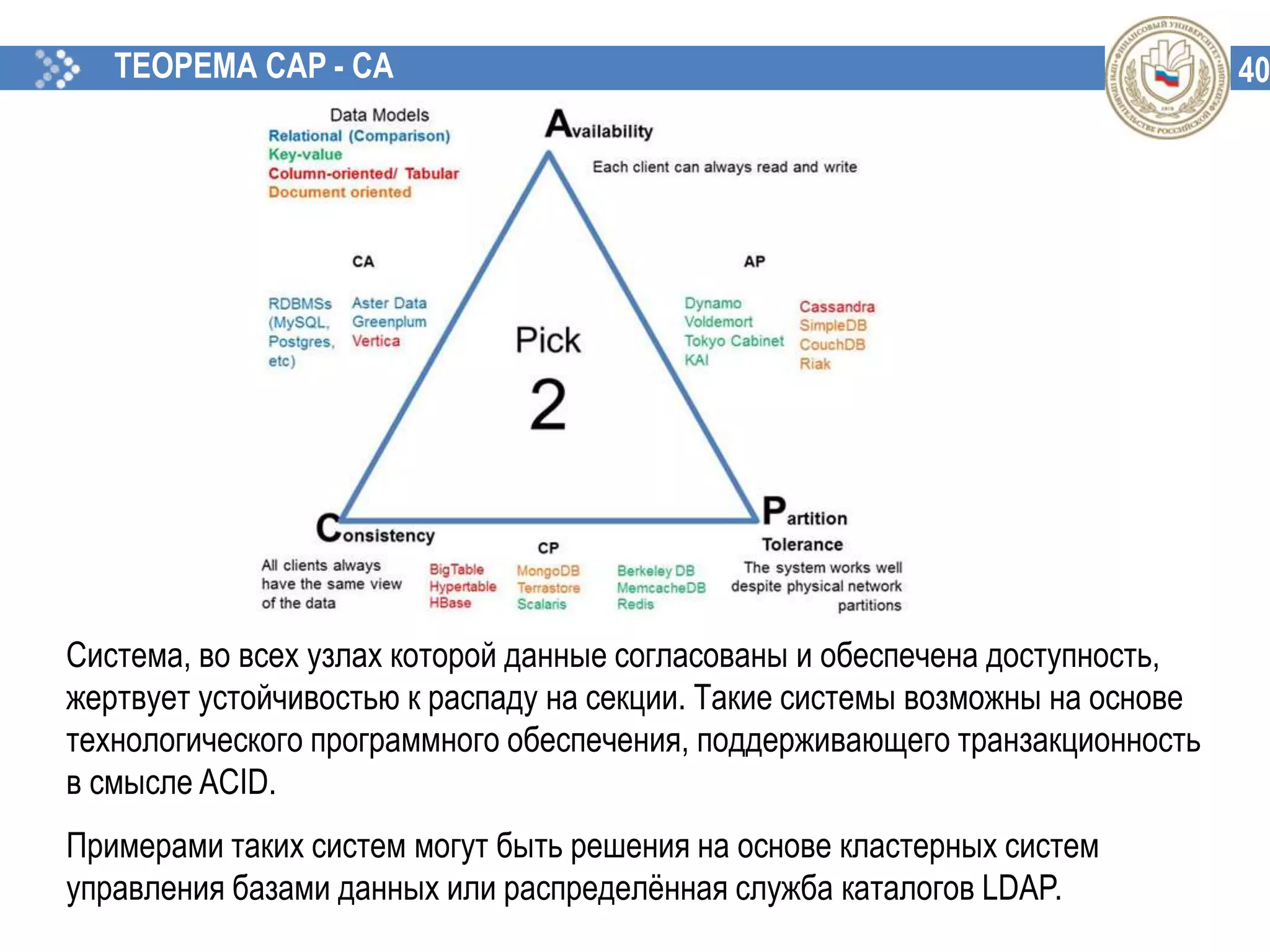 40ТЕОРЕМА CAP - CA
Система, во всех узлах которой данные согласованы и обеспечена доступность,
жертвует устойчивостью к распаду на секции. Такие системы возможны на основе
технологического программного обеспечения, поддерживающего транзакционность
в смысле ACID.
Примерами таких систем могут быть решения на основе кластерных систем
управления базами данных или распределённая служба каталогов LDAP.
 