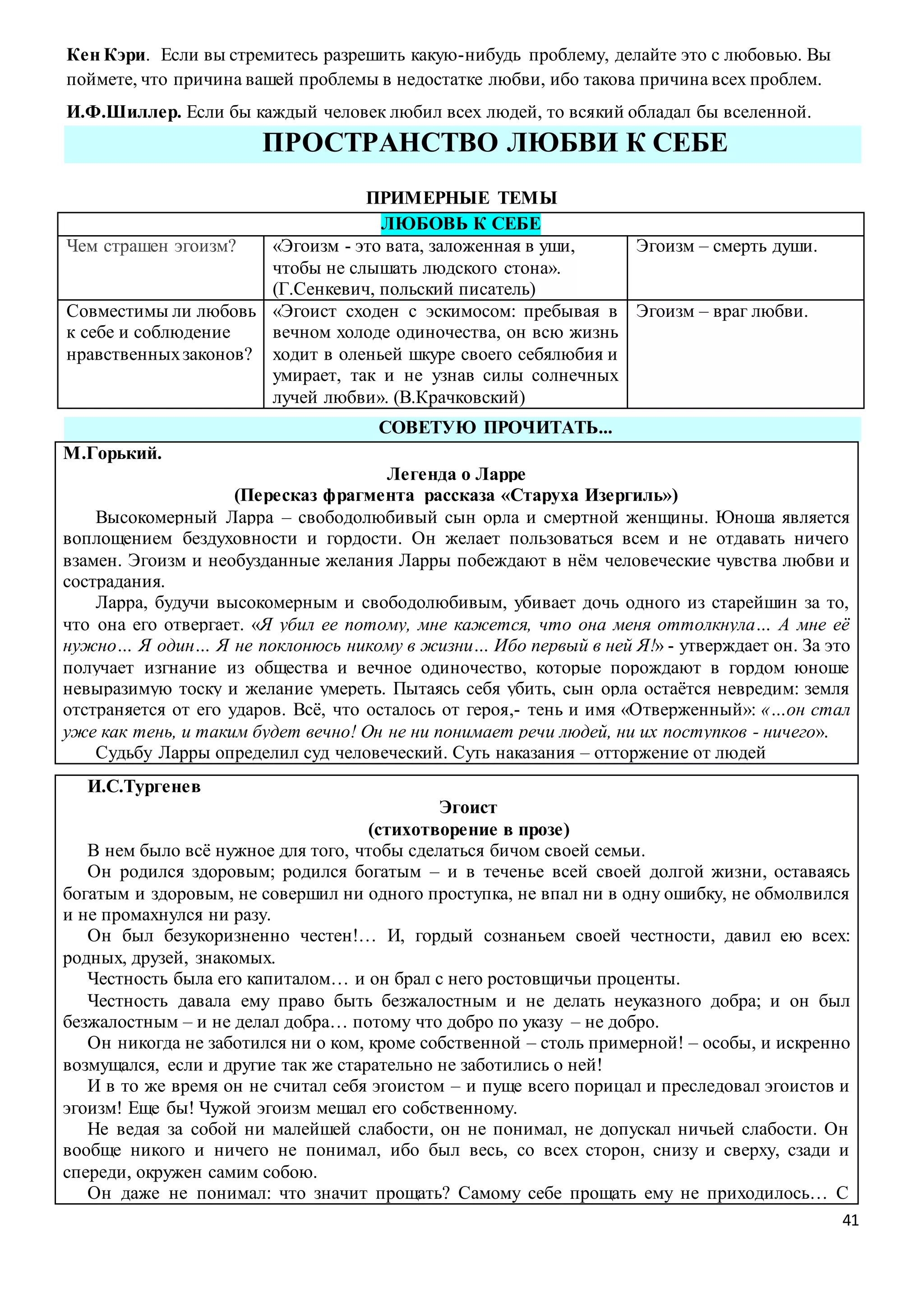 41
Кен Кэри. Если вы стремитесь разрешить какую-нибудь проблему, делайте это с любовью. Вы
поймете, что причина вашей проблемы в недостатке любви, ибо такова причина всех проблем.
И.Ф.Шиллер. Если бы каждый человек любил всех людей, то всякий обладал бы вселенной.
ПРОСТРАНСТВО ЛЮБВИ К СЕБЕ
ПРИМЕРНЫЕ ТЕМЫ
ЛЮБОВЬ К СЕБЕ
Чем страшен эгоизм? «Эгоизм - это вата, заложенная в уши,
чтобы не слышать людского стона».
(Г.Сенкевич, польский писатель)
Эгоизм – смерть души.
Совместимы ли любовь
к себе и соблюдение
нравственныхзаконов?
«Эгоист сходен с эскимосом: пребывая в
вечном холоде одиночества, он всю жизнь
ходит в оленьей шкуре своего себялюбия и
умирает, так и не узнав силы солнечных
лучей любви». (В.Крачковский)
Эгоизм – враг любви.
СОВЕТУЮ ПРОЧИТАТЬ...
М.Горький.
Легенда о Ларре
(Пересказ фрагмента рассказа «Старуха Изергиль»)
Высокомерный Ларра – свободолюбивый сын орла и смертной женщины. Юноша является
воплощением бездуховности и гордости. Он желает пользоваться всем и не отдавать ничего
взамен. Эгоизм и необузданные желания Ларры побеждают в нём человеческие чувства любви и
сострадания.
Ларра, будучи высокомерным и свободолюбивым, убивает дочь одного из старейшин за то,
что она его отвергает. «Я убил ее потому, мне кажется, что она меня оттолкнула… А мне её
нужно… Я один… Я не поклонюсь никому в жизни… Ибо первый в ней Я!» - утверждает он. За это
получает изгнание из общества и вечное одиночество, которые порождают в гордом юноше
невыразимую тоску и желание умереть. Пытаясь себя убить, сын орла остаётся невредим: земля
отстраняется от его ударов. Всё, что осталось от героя,- тень и имя «Отверженный»: «…он стал
уже как тень, и таким будет вечно! Он не ни понимает речи людей, ни их поступков - ничего».
Судьбу Ларры определил суд человеческий. Суть наказания – отторжение от людей
И.С.Тургенев
Эгоист
(стихотворение в прозе)
В нем было всё нужное для того, чтобы сделаться бичом своей семьи.
Он родился здоровым; родился богатым – и в теченье всей своей долгой жизни, оставаясь
богатым и здоровым, не совершил ни одного проступка, не впал ни в одну ошибку, не обмолвился
и не промахнулся ни разу.
Он был безукоризненно честен!… И, гордый сознаньем своей честности, давил ею всех:
родных, друзей, знакомых.
Честность была его капиталом… и он брал с него ростовщичьи проценты.
Честность давала ему право быть безжалостным и не делать неуказного добра; и он был
безжалостным – и не делал добра… потому что добро по указу – не добро.
Он никогда не заботился ни о ком, кроме собственной – столь примерной! – особы, и искренно
возмущался, если и другие так же старательно не заботились о ней!
И в то же время он не считал себя эгоистом – и пуще всего порицал и преследовал эгоистов и
эгоизм! Еще бы! Чужой эгоизм мешал его собственному.
Не ведая за собой ни малейшей слабости, он не понимал, не допускал ничьей слабости. Он
вообще никого и ничего не понимал, ибо был весь, со всех сторон, снизу и сверху, сзади и
спереди, окружен самим собою.
Он даже не понимал: что значит прощать? Самому себе прощать ему не приходилось… С
 