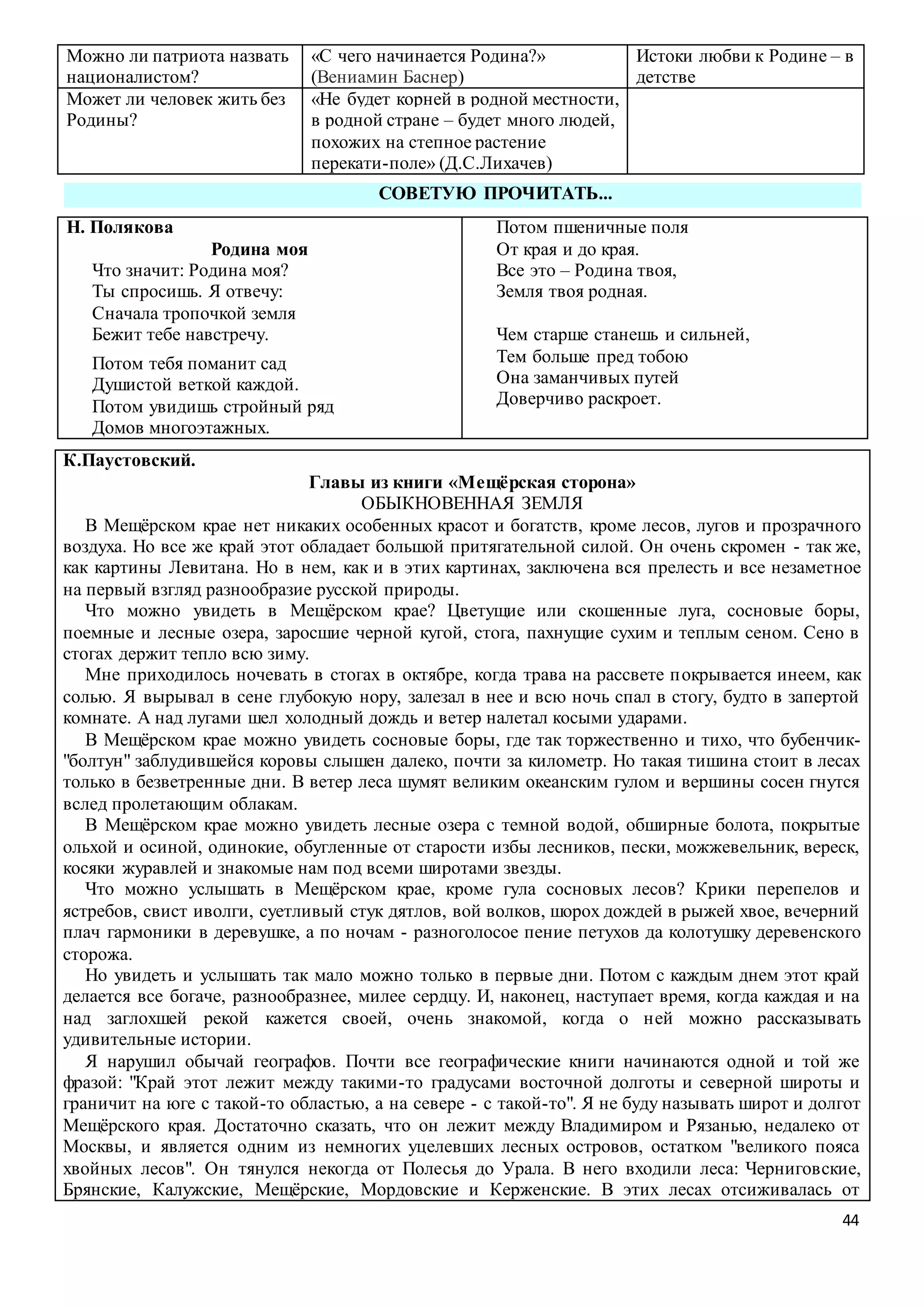 44
Можно ли патриота назвать
националистом?
«С чего начинается Родина?»
(Вениамин Баснер)
Истоки любви к Родине – в
детстве
Может ли человек жить без
Родины?
«Не будет корней в родной местности,
в родной стране – будет много людей,
похожих на степное растение
перекати-поле» (Д.С.Лихачев)
СОВЕТУЮ ПРОЧИТАТЬ...
Н. Полякова
Родина моя
Что значит: Родина моя?
Ты спросишь. Я отвечу:
Сначала тропочкой земля
Бежит тебе навстречу.
Потом тебя поманит сад
Душистой веткой каждой.
Потом увидишь стройный ряд
Домов многоэтажных.
Потом пшеничные поля
От края и до края.
Все это – Родина твоя,
Земля твоя родная.
Чем старше станешь и сильней,
Тем больше пред тобою
Она заманчивых путей
Доверчиво раскроет.
К.Паустовский.
Главы из книги «Мещёрская сторона»
ОБЫКНОВЕННАЯ ЗЕМЛЯ
В Мещёрском крае нет никаких особенных красот и богатств, кроме лесов, лугов и прозрачного
воздуха. Но все же край этот обладает большой притягательной силой. Он очень скромен - так же,
как картины Левитана. Но в нем, как и в этих картинах, заключена вся прелесть и все незаметное
на первый взгляд разнообразие русской природы.
Что можно увидеть в Мещёрском крае? Цветущие или скошенные луга, сосновые боры,
поемные и лесные озера, заросшие черной кугой, стога, пахнущие сухим и теплым сеном. Сено в
стогах держит тепло всю зиму.
Мне приходилось ночевать в стогах в октябре, когда трава на рассвете покрывается инеем, как
солью. Я вырывал в сене глубокую нору, залезал в нее и всю ночь спал в стогу, будто в запертой
комнате. А над лугами шел холодный дождь и ветер налетал косыми ударами.
В Мещёрском крае можно увидеть сосновые боры, где так торжественно и тихо, что бубенчик-
"болтун" заблудившейся коровы слышен далеко, почти за километр. Но такая тишина стоит в лесах
только в безветренные дни. В ветер леса шумят великим океанским гулом и вершины сосен гнутся
вслед пролетающим облакам.
В Мещёрском крае можно увидеть лесные озера с темной водой, обширные болота, покрытые
ольхой и осиной, одинокие, обугленные от старости избы лесников, пески, можжевельник, вереск,
косяки журавлей и знакомые нам под всеми широтами звезды.
Что можно услышать в Мещёрском крае, кроме гула сосновых лесов? Крики перепелов и
ястребов, свист иволги, суетливый стук дятлов, вой волков, шорох дождей в рыжей хвое, вечерний
плач гармоники в деревушке, а по ночам - разноголосое пение петухов да колотушку деревенского
сторожа.
Но увидеть и услышать так мало можно только в первые дни. Потом с каждым днем этот край
делается все богаче, разнообразнее, милее сердцу. И, наконец, наступает время, когда каждая и на
над заглохшей рекой кажется своей, очень знакомой, когда о ней можно рассказывать
удивительные истории.
Я нарушил обычай географов. Почти все географические книги начинаются одной и той же
фразой: "Край этот лежит между такими-то градусами восточной долготы и северной широты и
граничит на юге с такой-то областью, а на севере - с такой-то". Я не буду называть широт и долгот
Мещёрского края. Достаточно сказать, что он лежит между Владимиром и Рязанью, недалеко от
Москвы, и является одним из немногих уцелевших лесных островов, остатком "великого пояса
хвойных лесов". Он тянулся некогда от Полесья до Урала. В него входили леса: Черниговские,
Брянские, Калужские, Мещёрские, Мордовские и Керженские. В этих лесах отсиживалась от
 