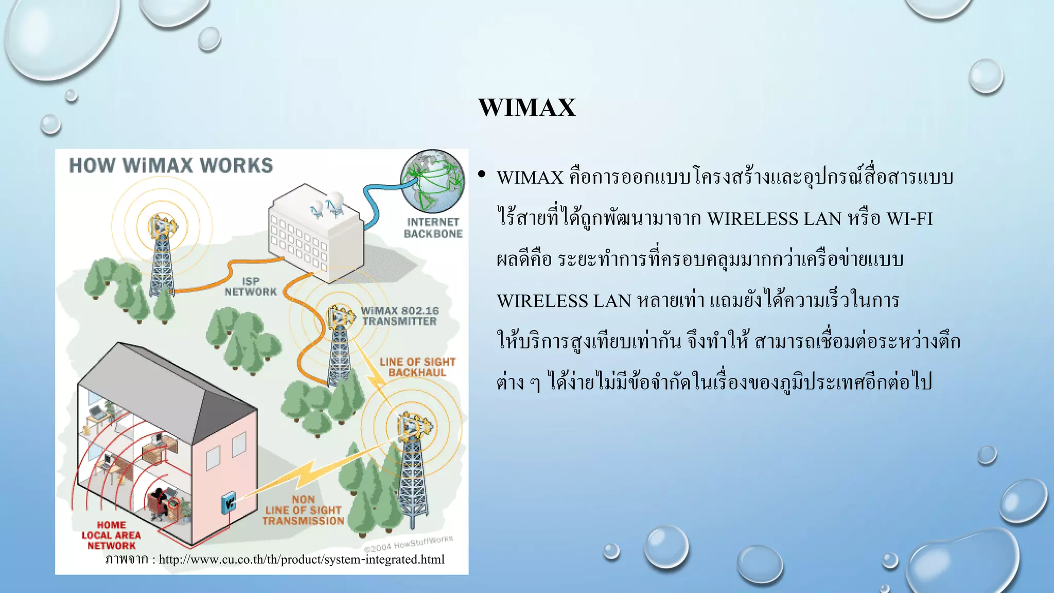WIMAX
• WIMAX คือการออกแบบโครงสร้างและอุปกรณ์สื่อสารแบบ
ไร้สายที่ได้ถูกพัฒนามาจาก WIRELESS LAN หรือ WI-FI
ผลดีคือ ระยะทาการที่ครอบคลุมมากกว่าเครือข่ายแบบ
WIRELESS LAN หลายเท่า แถมยังได้ความเร็วในการ
ให้บริการสูงเทียบเท่ากัน จึงทาให้ สามารถเชื่อมต่อระหว่างตึก
ต่าง ๆ ได้ง่ายไม่มีข้อจากัดในเรื่องของภูมิประเทศอีกต่อไป
ภาพจาก : http://www.cu.co.th/th/product/system-integrated.html
 