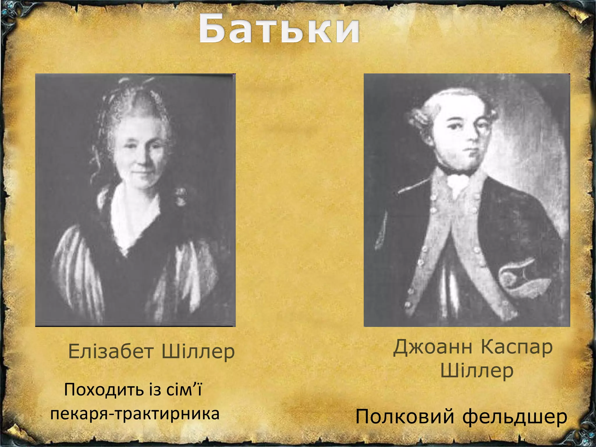 Елізабет Шіллер Джоанн Каспар
Шіллер
Полковий фельдшер
Походить із сім’ї
пекаря-трактирника
 