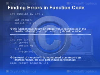 Finding Errors in Function Code
int sum(int x, int y)
{
int result;
result = x+y;
}
this function must return an integer value as indicated in the
header definition (return result;) should be added
----------------------------------------------------------------------------------------
-
int sum (int n)
{ if (n==0)
return 0;
else
n+sum(n-1);
}
the result of n+sum(n-1) is not returned; sum returns an
improper result, the else part should be written as:-
else return n+sum(n-1);
 
