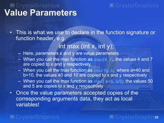 Value Parameters
• This is what we use to declare in the function signature or
function header, e.g.
int max (int x, int y);
– Here, parameters x and y are value parameters
– When you call the max function as max(4, 7), the values 4 and 7
are copied to x and y respectively
– When you call the max function as max (a, b), where a=40 and
b=10, the values 40 and 10 are copied to x and y respectively
– When you call the max function as max( a+b, b/2), the values 50
and 5 are copies to x and y respectively
• Once the value parameters accepted copies of the
corresponding arguments data, they act as local
variables!
59
 