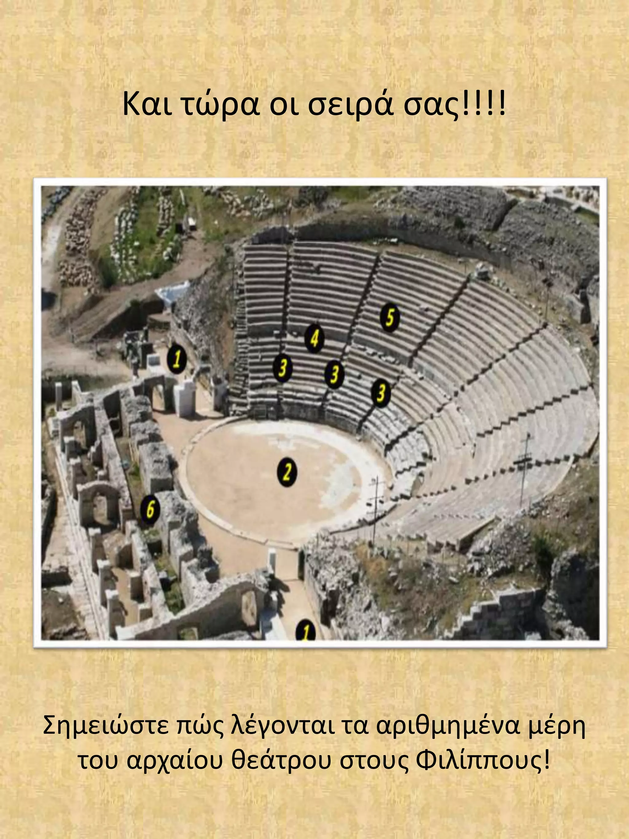 Και τώρα οι σειρά σας!!!!
Σημειώστε πώς λέγονται τα αριθμημένα μέρη
του αρχαίου θεάτρου στους Φιλίππους!
 
