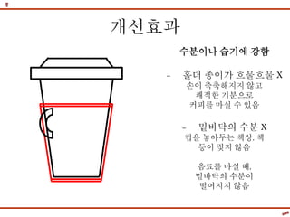 개선효과
수분이나 습기에 강함
- 홀더 종이가 흐물흐물 X
손이 축축해지지 않고
쾌적한 기분으로
커피를 마실 수 있음
- 밑바닥의 수분 X
컵을 놓아두는 책상, 책
등이 젖지 않음
음료를 마실 때,
밑바닥의 수분이
떨어지지 않음
 