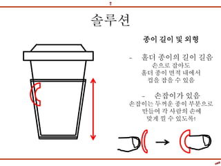 솔루션
종이 길이 및 외형
- 홀더 종이의 길이 길음
손으로 잡아도
홀더 종이 면적 내에서
컵을 잡을 수 있음
- 손잡이가 있음
손잡이는 두꺼운 종이 부분으로
만들어 각 사람의 손에
맞게 낄 수 있도록!
 