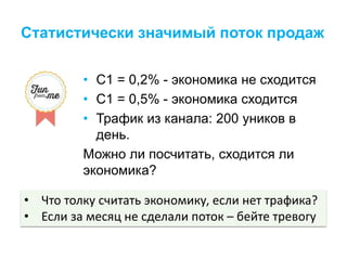 Статистически значимый поток продаж
• С1 = 0,2% - экономика не сходится
• С1 = 0,5% - экономика сходится
• Трафик из канала: 200 уников в
день.
Можно ли посчитать, сходится ли
экономика?
• Что толку считать экономику, если нет трафика?
• Если за месяц не сделали поток – бейте тревогу
 