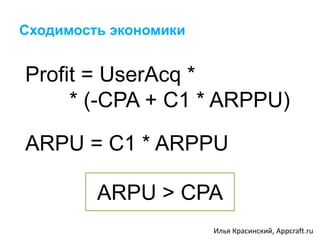 Profit = UserAcq *
* (-CPA + C1 * ARPPU)
ARPU = C1 * ARPPU
ARPU > CPA
Сходимость экономики
Илья Красинский, Appcraft.ru
 