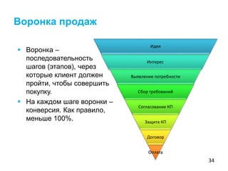 34
 Воронка –
последовательность
шагов (этапов), через
которые клиент должен
пройти, чтобы совершить
покупку.
 На каждом шаге воронки –
конверсия. Как правило,
меньше 100%.
Воронка продаж
Идея
Интерес
Выявление потребности
Сбор требований
Согласование КП
Защита КП
Договор
Оплата
 
