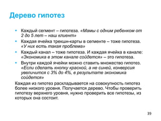 39
 Каждый сегмент – гипотеза. «Мамы с одним ребенком от
2 до 5 лет – наш клиент»
 Каждая ячейка трекшн-карты в сегменте – тоже гипотеза.
«У них есть такая проблема»
 Каждый канал – тоже гипотеза. И каждая ячейка в канале:
«Экономика в этом канале сойдется» – это гипотеза.
 Внутри каждой ячейки можно ставить множество гипотез.
«Если сделать кнопку красной, а не синей, конверсия
увеличится с 3% до 4%, в результате экономика
сойдется»
Каждая из гипотез раскладывается на совокупность гипотез
более низкого уровня. Получается дерево. Чтобы проверить
гипотезу верхнего уровня, нужно проверить все гипотезы, из
которых она состоит.
Дерево гипотез
 