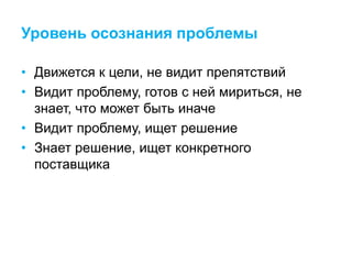 Уровень осознания проблемы
• Движется к цели, не видит препятствий
• Видит проблему, готов с ней мириться, не
знает, что может быть иначе
• Видит проблему, ищет решение
• Знает решение, ищет конкретного
поставщика
 