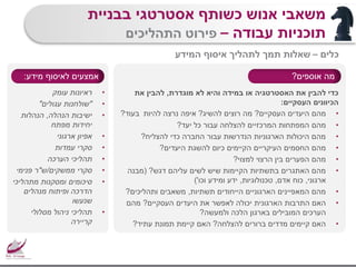 ‫מוגדרת‬ ‫לא‬ ‫והיא‬ ‫במידה‬ ‫או‬ ‫האסטרטגיה‬ ‫את‬ ‫להבין‬ ‫כדי‬,‫את‬ ‫להבין‬
‫העסקיים‬ ‫הכיוונים‬:
•‫העסקיים‬ ‫היעדים‬ ‫מהם‬?‫להשיג‬ ‫רוצים‬ ‫מה‬?‫להיות‬ ‫נרצה‬ ‫איפה‬‫בעוד‬?
•‫מהם‬‫יעד‬ ‫כל‬ ‫עבור‬ ‫להצלחה‬ ‫המרכזיים‬ ‫המפתחות‬?
•‫להצליח‬ ‫כדי‬ ‫החברה‬ ‫עבור‬ ‫הנדרשות‬ ‫הארגוניות‬ ‫היכולות‬ ‫מהם‬?
•‫היעדים‬ ‫להשגת‬ ‫כיום‬ ‫הקיימים‬ ‫העיקריים‬ ‫החסמים‬ ‫מהם‬?
•‫למצוי‬ ‫הרצוי‬ ‫בין‬ ‫הפערים‬ ‫מהם‬?
•‫דגש‬ ‫עליהם‬ ‫לשים‬ ‫שיש‬ ‫הקיימות‬ ‫בתשתיות‬ ‫האתגרים‬ ‫מהם‬?(‫מבנה‬
‫ארגוני‬,‫אדם‬ ‫כוח‬,‫טכנולוגיות‬,‫וכו‬ ‫ומידע‬ ‫ידע‬')
•‫תשתיות‬ ‫הייחודים‬ ‫הארגוניים‬ ‫המאפיינים‬ ‫מהם‬,‫ותהליכים‬ ‫משאבים‬?
•‫העסקיים‬ ‫היעדים‬ ‫את‬ ‫לאפשר‬ ‫יכולה‬ ‫הארגונית‬ ‫התרבות‬ ‫האם‬?‫מהם‬
‫ולמעשה‬ ‫הלכה‬ ‫בארגון‬ ‫המובילים‬ ‫הערכים‬?
•‫להצלחה‬ ‫ברורים‬ ‫מדדים‬ ‫קיימים‬ ‫האם‬?‫עתיד‬ ‫תמונת‬ ‫קיימת‬ ‫האם‬?
‫בבניית‬ ‫אסטרטגי‬ ‫כשותף‬ ‫אנוש‬ ‫משאבי‬
‫עבודה‬ ‫תוכניות‬–‫התהליכים‬ ‫פירוט‬
‫כלים‬–‫המידע‬ ‫איסוף‬ ‫לתהליך‬ ‫תמך‬ ‫שאלות‬
•‫עומק‬ ‫ראיונות‬
•"‫עגולים‬ ‫שולחנות‬"
•‫הנהלה‬ ‫ישיבות‬,‫הנהלות‬
‫מפתח‬ ‫יחידות‬
•‫ארגוני‬ ‫אפיון‬
•‫עמדות‬ ‫סקרי‬
•‫הערכה‬ ‫תהליכי‬
•‫ממשקים‬ ‫סקרי‬/‫ש‬"‫פנימי‬ ‫ר‬
•‫מתהליכי‬ ‫ומסקנות‬ ‫סיכומים‬
‫מנהלים‬ ‫ופיתוח‬ ‫הדרכה‬
‫שנעשו‬
•‫מסלולי‬ ‫ניהול‬ ‫תהליכי‬
‫קריירה‬
‫מה‬‫אוספים‬?‫מידע‬ ‫לאיסוף‬ ‫אמצעים‬:
 