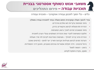 ‫מומלץ‬ ‫עבודה‬ ‫לתוכנית‬ ‫נבחר‬ ‫פעולה‬ ‫תחום‬ ‫קונקרטית‬ ‫פעולה‬ ‫להפוך‬ ‫בכדי‬:
•‫ו‬ ‫עיקריות‬ ‫משימות‬ ‫מיפוי‬/‫מרכזיים‬ ‫שלבים‬ ‫או‬.
•‫תת‬ ‫הגדרת‬-‫ביניהן‬ ‫והקשרים‬ ‫לביצוע‬ ‫פעולות‬.
•‫המשימות‬ ‫ביצוע‬ ‫לצורך‬ ‫זמינים‬ ‫משאבים‬ ‫מיפוי‬.
•‫לתוכנית‬ ‫העניין‬ ‫ובעלי‬ ‫השותפים‬ ‫והגדרת‬ ‫צוות‬ ‫לחברי‬ ‫המשימות‬ ‫חלוקת‬
•‫למהלך‬ ‫קריטי‬ ‫נתיב‬ ‫הגדרת‬–‫פעולות‬ ‫סדר‬ ‫לפי‬ ‫לקרות‬ ‫המחייבות‬ ‫משימות‬
•‫לסיום‬ ‫יעד‬ ‫תאריך‬ ‫וקביעת‬ ‫פעילויות‬ ‫לביצוע‬ ‫זמנים‬ ‫הערכת‬–(‫גאנט‬ ‫תרשים‬)
•‫סיכונים‬ ‫ניהול‬-‫מעכבים‬ ‫וגורמים‬ ‫אפשריות‬ ‫תקלות‬ ‫חיזוי‬,‫התמודדות‬ ‫דרכי‬ ‫ותכנון‬.
•‫ביצוע‬–‫לפועל‬ ‫הוצאה‬
•‫מעקב‬,‫לקחים‬ ‫והפקת‬ ‫בקרה‬.
‫בבניית‬ ‫אסטרטגי‬ ‫כשותף‬ ‫אנוש‬ ‫משאבי‬
‫עבודה‬ ‫תוכניות‬–‫התהליכים‬ ‫פירוט‬
‫כלים‬–‫אפקטיבי‬ ‫עבודה‬ ‫לתכנון‬ ‫תמך‬ ‫כלי‬–‫עבודה‬ ‫תוכנית‬
‫המלצות‬
 