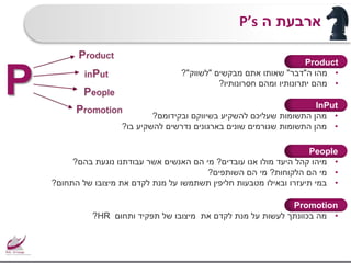 ‫ה‬ ‫ארבעת‬P’s
Product
•‫ה‬ ‫מהו‬"‫דבר‬"‫מבקשים‬ ‫אתם‬ ‫שאותו‬"‫לשווק‬"?
•‫חסרונותיו‬ ‫ומהם‬ ‫יתרונותיו‬ ‫מהם‬?
InPut
•‫ובקידומם‬ ‫בשיווקם‬ ‫להשקיע‬ ‫שעליכם‬ ‫התשומות‬ ‫מהן‬?
•‫בו‬ ‫להשקיע‬ ‫נדרשים‬ ‫בארגונים‬ ‫שונים‬ ‫שגורמים‬ ‫התשומות‬ ‫מהן‬?
People
•‫עובדים‬ ‫אנו‬ ‫מולו‬ ‫היעד‬ ‫קהל‬ ‫מיהו‬?‫בהם‬ ‫נוגעת‬ ‫עבודתנו‬ ‫אשר‬ ‫האנשים‬ ‫הם‬ ‫מי‬?
•‫הלקוחות‬ ‫הם‬ ‫מי‬?‫השותפים‬ ‫הם‬ ‫מי‬?
•‫התחום‬ ‫של‬ ‫מיצובו‬ ‫את‬ ‫לקדם‬ ‫מנת‬ ‫על‬ ‫תשתמשו‬ ‫חליפין‬ ‫מטבעות‬ ‫ובאילו‬ ‫תיעזרו‬ ‫במי‬?
Promotion
•‫ותחום‬ ‫תפקיד‬ ‫של‬ ‫מיצובו‬ ‫את‬ ‫לקדם‬ ‫מנת‬ ‫על‬ ‫לעשות‬ ‫בכוונתך‬ ‫מה‬HR?
P
 