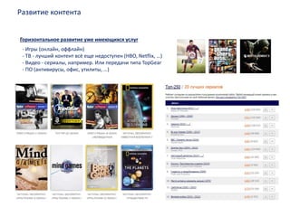 Развитие контента
- Игры (онлайн, оффлайн)
- ТВ - лучший контент всё еще недоступен (HBO, Netflix, …)
- Видео - сериалы, например. Или передачи типа TopGear
- ПО (антивирусы, офис, утилиты, …)
Горизонтальное развитие уже имеющихся услуг
 