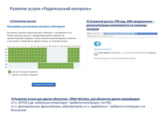 Развитие услуги «Родительский контроль»
1) Расписание доступа 2) Условный доступ, PIN-код, SMS-уведомление –
дополнительные возможности на странице-
заглушке
3) Развитие услуги для других абонентов - iDNet Wireless, для абонентов других провайдеров
в т.ч. АЛТЕЛ и др. мобильных операторов – требуется интеграция с их HSS;
в т.ч. фиксированных: франчайзеров, субоператоров, в т.ч. зарубежных – требуется интеграция с их
биллингом
 