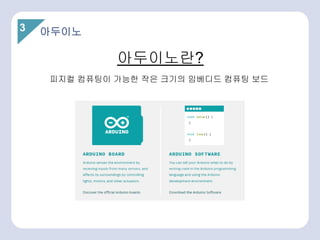 3
피지컬 컴퓨팅이 가능한 작은 크기의 임베디드 컴퓨팅 보드
아두이노란?
아두이노
 