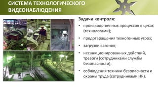 СИСТЕМА ТЕХНОЛОГИЧЕСКОГО
ВИДЕОНАБЛЮДЕНИЯ
• производственных процессов в цехах
(технологами);
• предотвращения техногенных угроз;
• загрузки вагонов;
• несанкционированных действий,
тревоги (сотрудниками службы
безопасности);
• соблюдения техники безопасности и
охраны труда (сотрудниками HR).
Задачи контроля:
 