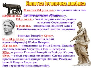 21 квітня 754 р. до н.е. – заснування міста Рима
братами Ромулом і Ремом.
500 рік до н.е. – у Римі встановлено республіку.
133 р. до н.е. - Рим затвердив своє панування
на всьому Середземномор'ї.
63 р. до н.е. – завоювання Помпеєм Іудеї і
Понтійського царства. Початок панування
Римської імперії у Криму.
58 — 51 р. до н.е. — завоювання Галлії
(сучасна Франція) Юлієм Цезарем.
30 р. до н.е. — приєднання до Рима Єгипту. Октавіан
стає імператором Августом, а Рим — імперією.
395 р. — розпад Римської імперії на Західну і Східну.
476 р. — вождь германських племен Одоакр скинув з
престола останнього імператора Західної Римської
імперії Ромула Августула.
Рим перестав бути столицею світу.
 