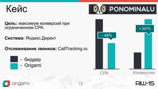 Кейс
Цель: максимум конверсий при
ограниченном CPA
Система: Яндекс.Директ
Отслеживание звонков: CallTraсking.ru
- биддер
- Origami
- 48%
+ 207%
CPA Конверсии
12
 