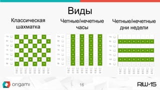 Виды
Классическая
шахматка
Четные/нечетные
часы
Четные/нечетные
дни недели
16
 