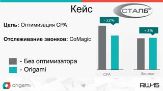 Кейс
Цель: Оптимизация CPA
Отслеживание звонков: CoMagic
- Без оптимизатора
- Origami
18
 