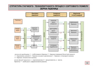 Пшениця
якості
Підготовче
відділення
фракціо-
нування
режими
стабілізоване
борошно
продукція
1, 2 1, 4
режими
1*, 2, 3
збагачене
борошно
2
1
а, б
Розмельне
відділення
Відділення
готової продукції
двостадійне
крупо-
утворення
класичне
крупо-
утворення
твердо-
зерна
СТРУКТУРА ГНУЧКОГО ТЕХНОЛОГІЧНОГО ПРОЦЕСУ СОРТОВОГО ПОМЕЛУСТРУКТУРА ГНУЧКОГО ТЕХНОЛОГІЧНОГО ПРОЦЕСУ СОРТОВОГО ПОМЕЛУ
ЗЕРНА ПШЕНИЦІЗЕРНА ПШЕНИЦІ
показникиякості
формування
помельної
партії
ВТО
режими
готовапродукція
5
6
1, 2, 3
1, 2, 3 1*, 2, 3
режими
1, 5
1, 2, 6 борошняні
суміші
3
в
в, а
борошно
цільового
призначення
4, 5, 6
попереднє
лущення
попереднє
подрібнення
м`яко-
зерна
безамі-
лозна
технологія виробництва: 1 – стабілізованого борошна; 2 – борошна підвищеної біологічної цінності;
3 – борошняних сумішей; 4 – борошна цільового призначення; 5 – борошна з м’якозерної пшениці;
6 – борошна з безамілозної пшениці;
цільові функції управління: а – енерговитратами; б – продуктивністю; в – якістю.
Примітка. * – необхідність диференціювання режимів.
12
 