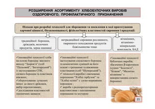 РОЗШИРЕННЯ АСОРТИМЕНТУ ХЛІБОБУЛОЧНИХ ВИРОБІВРОЗШИРЕННЯ АСОРТИМЕНТУ ХЛІБОБУЛОЧНИХ ВИРОБІВ
ОЗДОРОВЧОГО, ПРОФІЛАКТИЧНОГО ПРИЗНАЧЕННЯОЗДОРОВЧОГО, ПРОФІЛАКТИЧНОГО ПРИЗНАЧЕННЯ
Підходи при розробці технології для збереження та посилення в ході приготування
харчової цінності, біозасвоюваності, фізіологічних властивостей сировини і продукції:
традиційної: борошна,
дріжджів, молочних
продуктів, зерна пшениці
нетрадиційної сировини рослинного,
тваринного походження продуктів
бджільництва тощо
вітамінних,
вітамінно-
мінеральних
комплексів, БАД
інноваційні технології хліба
на основі борошна високого
виходу “Здоров’я” (хліб
“Польовий”, “Богатирський”)
із застосуванням СПК,
соєвого борошна та пластівців
вівсяних;
обґрунтування сучасних
вимог до якості дріжджів,
вибір перспективних;
дослідження властивостей
пшеничних заквасок
інноваційні технології
бубличних виробів,
збагачених β-каротином
(сушки “Золотисті”,
“Білкові”, “Малютка
вітамінна” з
використанням соєвого
борошна)
інноваційні технології
застосування спельтового борошна
та композитних сумішей на його
основі з гречаними та вівсяними
пластівцями (хліб “Шумерський”);
технології виробів з овочевими
порошками “Хлібці гарбузові” та
“Хлібці осінні” з соєво-морквяним
порошком ;
вироби з радіопротекторними
властивостями з пектиновими
порошками та зостерою
21
 