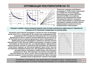 ОПТИМІЗАЦІЯ РЕКУПЕРАТОРІВ НА ТСОПТИМІЗАЦІЯ РЕКУПЕРАТОРІВ НА ТС
Наведені графіки можна використовувати для експрес-оцінювання ефективності підігрівачів
повітря на ТС (теплових генераторів та утилізаторів).
Результати стендових випробувань
калорифера ТГ-2-200. Апарат підключався
до стандартного теплогенератора
зерносушильної установки ДСП-32от.
залежностей ККД і числа одиниць
переносу від співвідношення повних
теплоємкостей гарячого і холодного
потоків. Навантажувальні характеристики
відповідають умовам утилізації теплоти
відпрацьованого сушильного агенту
рециркуляційної зерносушарки.
0
0,2
0,4
0,6
0,8
1
1,2
0 1 2
WГ/WX 0
0,5
1
1,5
2
2,5
0 0,5 1 1,5 2
WГ/WX
KF/WГ
′
−
′
″
−
′
=
ВГ
ГГ
tt
tt
η
Q, кВт
Проведено комп’ютерний експеримент, в результаті якого встановлено
Розроблено типорозмірний ряд термосифонних підігрівачів повітря. Апарати можуть
використовуватись як в якості теплових утилізаторів, так і в схемах теплогенератора.
Проведено комп’ютерний експеримент, в результаті якого встановлено
вплив числа ТС (n), числа рядів ТС (Z), висоти зони випаровування (НЛ),
поздовжнього (S1) і поперечного (S2) кроків між ТС на значення
функціоналу Ф. Більш стабільні значення функціоналу для висоти ТС
2м. Суттєвий вплив на значення функціоналу чинить компонування ТС.
Найбільшим числом Ф відповідають мінімально можливі значення
відстаней між ТС (S0). Причому найбільш критичними є поперечні зазори
(рис.8.20,б). Це пояснюється тим, що саме (S2) формує гідродинамічну
картину обтікання потоком ТТ. Зменшення (S2) призводить до зменшення
площі живого перерізу і до збільшення швидкості руху потоку. Тому при
конструюванні підігрівача повітря крок (S2) приймався мінімальним, він
регламентувався конструкцією трубної дошки. При збільшенні
поздовжнього кроку (S2) структура течії повітря в між трубному
просторі змінюється, проте, ступінь такого впливу значно менше, ніж
зниження швидкості потоку викликане зменшенням (S1). Менш значимим
виявився вплив на функціонал значення числа рядів.
45
 