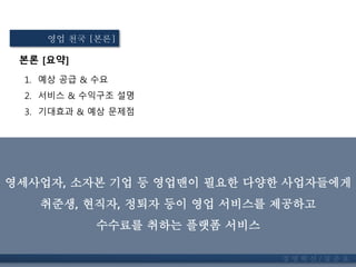 본론 [요약]
1. 예상 공급 & 수요
2. 서비스 & 수익구조 설명
3. 기대효과 & 예상 문제점
영업 천국 [본론]
경 영 혁 신 / 길 준 호
영세사업자, 소자본 기업 등 영업맨이 필요한 다양한 사업자들에게
취준생, 현직자, 정퇴자 등이 영업 서비스를 제공하고
수수료를 취하는 플랫폼 서비스
 