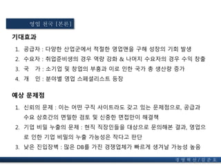 기대효과
1. 공급자 : 다양한 산업군에서 적절한 영업맨을 구해 성장의 기회 발생
2. 수요자 : 취업준비생의 경우 역량 강화 & 나머지 수요자의 경우 수익 창출
3. 국 가 : 소기업 및 창업의 부흥과 이로 인한 국가 총 생산량 증가
4. 개 인 : 분야별 영업 스페셜리스트 등장
영업 천국 [본론]
경 영 혁 신 / 길 준 호
예상 문제점
1. 신뢰의 문제 : 이는 어떤 구직 사이트라도 갖고 있는 문제점으로, 공급과
수요 상호간의 면밀한 검토 및 신중한 면접만이 해결책
2. 기업 비밀 누출의 문제 : 현직 직장인들을 대상으로 문의해본 결과, 영업으
로 인한 기업 비밀의 누출 가능성은 작다고 판단
3. 낮은 진입장벽 : 많은 DB를 가진 경쟁업체가 빠르게 생겨날 가능성 높음
 