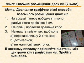 Тема: Взаємне розміщення двох кіл (7 клас)
Мета: Дослідити графічно різні способи
взаємного розміщення двох кіл.
1. На аркуші паперу побудувати коло,
радіус якого дорівнює 4 см.
2. На плівці провести довільне коло.
3. Накладіть плівку так, щоб кола
а) перетинались у 2-х точках;
б) дотикалися;
в) не мали спільних точок.
В кожному випадку порівняйте відстань між
центрами кіл з радіусами кіл. Зробіть
висновок.
 