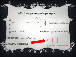 ΑΣ κάνουμε ότι μάθαμε πριν…
......2
4
2
......... .......
4
(αναλυτικός υπολογισμός)
(υπολογισμός με χρήση ιδιότητας)
5
5
5
5 5
5
 
= = =  ÷
 
= =
Άρα ισχύει ……..=……..
Επομένως ορίζουμε
.....
με α 0 και φυσικό αριθμό
1 1ν
ν
α−
≠
 
= = ÷
 
 