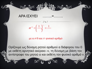 ΑΡΑ ΙΣΧΥΕΙ ……..=……..
.....
1 1
με α 0 και φυσικό αριθμό
ν
α
ν
−  
= = ÷
 
≠
Ορίζουμε ως δύναμη ρητού αριθμού α διάφορου του 0
με εκθέτη αρνητικό ακέραιο -ν, τη δύναμη με βάση τον
αντίστροφο του ρητού α και εκθέτη τον φυσικό αριθμό ν.
 