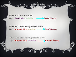 Όταν α > 0 τότε και αΌταν α > 0 τότε και ανν
> 0> 0
δηλ.δηλ. Θετική βάσηΘετική βάση θετικός εκθέτηςθετικός εκθέτης
Θετική δύναμηΘετική δύναμη
Όταν α < 0 και ν άρτιος τότε και αΌταν α < 0 και ν άρτιος τότε και ανν
> 0> 0
δηλ.δηλ. Αρνητική βάσηΑρνητική βάση άρτιος εκθέτηςάρτιος εκθέτης
Θετική δύναμηΘετική δύναμη
Όταν α < 0 και ν περιττός τότε και αΌταν α < 0 και ν περιττός τότε και ανν
< 0< 0
δηλ.δηλ. Αρνητική βάσηΑρνητική βάση περιττός εκθέτηςπεριττός εκθέτης
Αρνητική δύναμηΑρνητική δύναμη
 