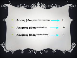 ► Θετική βάση οποιοσδήποτε εκθέτης
+
► Αρνητική βάση άρτιος εκθέτης
+
► Αρνητική βάση περιττός εκθέτης
-
 