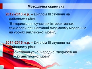Методична скринька
2012-2013 н.р. – Диплом ІІІ ступеня на
районному рівні
“Використання сучасних інтерактивних
технологій при навчанні писемному мовленню
на уроках англійської мови”,
2014-2015 н.р. – Диплом ІІІ ступеня на
районному рівні
“Використання усної народної творчості на
уроках англійської мови”
 