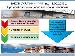 ЗАКОН УКРАЇНИ 417-VIII від 14.05.2015р.
Про особливості здійснення права власності
Якщо терміном в 1
(один) рік мешканці
не визначились, то
Органи Місцевого
Самоврядування на
конкурсних засадах
визначають
Управителя
 