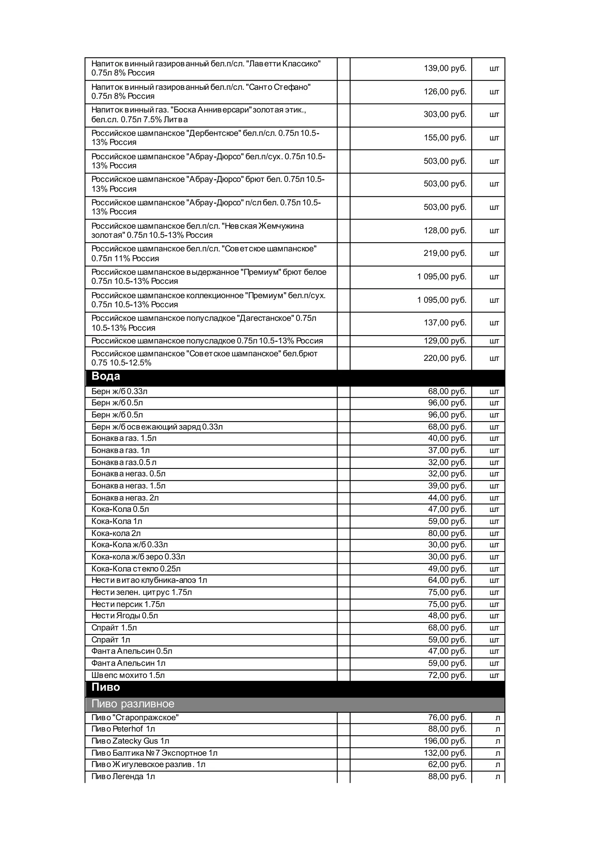 Напиток винный газированный бел.п/сл. "Лаветти Классико"
0.75л 8% Россия
139,00 руб. шт
Напиток винный газированный бел.п/сл. "Санто Стефано"
0.75л 8% Россия
126,00 руб. шт
Напиток винный газ. "Боска Анниверсари"золотая этик.,
бел.сл. 0.75л 7.5% Литва
303,00 руб. шт
Российское шампанское "Дербентское" бел.п/сл. 0.75л10.5-
13% Россия
155,00 руб. шт
Российское шампанское "Абрау-Дюрсо" бел.п/сух. 0.75л10.5-
13% Россия
503,00 руб. шт
Российское шампанское "Абрау-Дюрсо" брют бел. 0.75л10.5-
13% Россия
503,00 руб. шт
Российское шампанское "Абрау-Дюрсо" п/слбел. 0.75л10.5-
13% Россия
503,00 руб. шт
Российское шампанское бел.п/сл. "Невская Жемчужина
золотая" 0.75л10.5-13% Россия
128,00 руб. шт
Российское шампанское бел.п/сл. "Советское шампанское"
0.75л 11% Россия
219,00 руб. шт
Российское шампанское выдержанное "Премиум" брют белое
0.75л 10.5-13% Россия
1 095,00 руб. шт
Российское шампанское коллекционное "Премиум" бел.п/сух.
0.75л 10.5-13% Россия
1 095,00 руб. шт
Российское шампанское полусладкое "Дагестанское" 0.75л
10.5-13% Россия
137,00 руб. шт
Российское шампанское полусладкое 0.75л10.5-13% Россия 129,00 руб. шт
Российское шампанское "Советское шампанское" бел.брют
0.75 10.5-12.5%
220,00 руб. шт
Вода
Берн ж/б 0.33л 68,00 руб. шт
Берн ж/б 0.5л 96,00 руб. шт
Берн ж/б 0.5л 96,00 руб. шт
Берн ж/б освежающий заряд0.33л 68,00 руб. шт
Бонаква газ. 1.5л 40,00 руб. шт
Бонаква газ. 1л 37,00 руб. шт
Бонаква газ.0.5 л 32,00 руб. шт
Бонаква негаз. 0.5л 32,00 руб. шт
Бонаква негаз. 1.5л 39,00 руб. шт
Бонаква негаз. 2л 44,00 руб. шт
Кока-Кола 0.5л 47,00 руб. шт
Кока-Кола 1л 59,00 руб. шт
Кока-кола 2л 80,00 руб. шт
Кока-Кола ж/б 0.33л 30,00 руб. шт
Кока-кола ж/б зеро 0.33л 30,00 руб. шт
Кока-Кола стекло 0.25л 49,00 руб. шт
Нести витао клубника-алоэ 1л 64,00 руб. шт
Нести зелен. цитрус 1.75л 75,00 руб. шт
Нести персик 1.75л 75,00 руб. шт
Нести Ягоды 0.5л 48,00 руб. шт
Спрайт 1.5л 68,00 руб. шт
Спрайт 1л 59,00 руб. шт
Фанта Апельсин 0.5л 47,00 руб. шт
Фанта Апельсин 1л 59,00 руб. шт
Швепс мохито 1.5л 72,00 руб. шт
Пиво
Пиво разливное
Пиво "Старопражское" 76,00 руб. л
Пиво Peterhof 1л 88,00 руб. л
Пиво Zatecky Gus 1л 196,00 руб. л
Пиво Балтика №7 Экспортное 1л 132,00 руб. л
Пиво Ж игулевское разлив. 1л 62,00 руб. л
Пиво Легенда 1л 88,00 руб. л
 