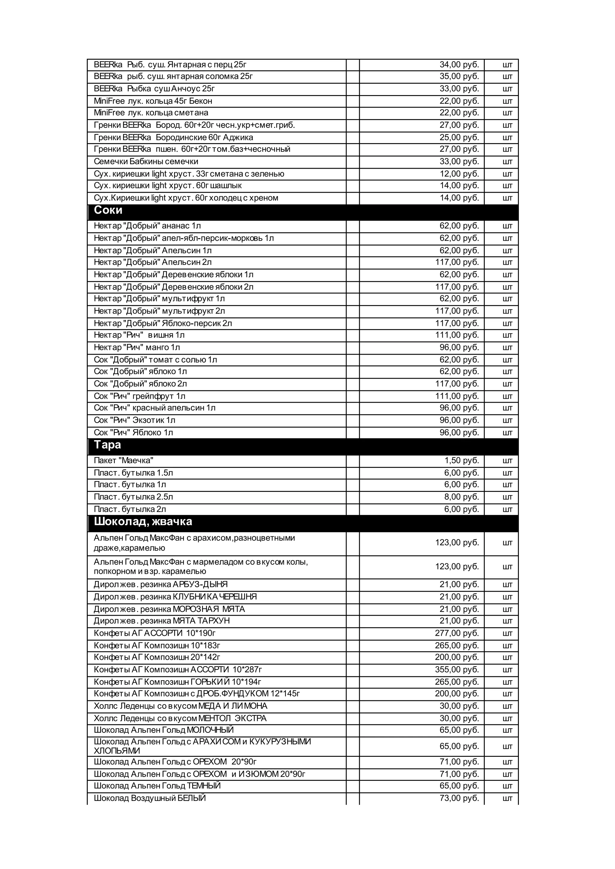 BEERka Рыб. суш. Янтарная с перц 25г 34,00 руб. шт
BEERka рыб. суш. янтарная соломка 25г 35,00 руб. шт
BEERka Рыбка сушАнчоус 25г 33,00 руб. шт
MiniFree лук. кольца 45г Бекон 22,00 руб. шт
MiniFree лук. кольца сметана 22,00 руб. шт
Гренки BEERka Бород. 60г+20г чесн.укр+смет.гриб. 27,00 руб. шт
Гренки BEERka Бородинские 60г Аджика 25,00 руб. шт
Гренки BEERka пшен. 60г+20г том.баз+чесночный 27,00 руб. шт
Семечки Бабкины семечки 33,00 руб. шт
Сух. кириешки light хруст. 33г сметана с зеленью 12,00 руб. шт
Сух. кириешки light хруст. 60г шашлык 14,00 руб. шт
Сух.Кириешки light хруст. 60г холодец с хреном 14,00 руб. шт
Соки
Нектар "Добрый" ананас 1л 62,00 руб. шт
Нектар "Добрый" апел-ябл-персик-морковь 1л 62,00 руб. шт
Нектар "Добрый" Апельсин 1л 62,00 руб. шт
Нектар "Добрый" Апельсин 2л 117,00 руб. шт
Нектар "Добрый" Деревенские яблоки 1л 62,00 руб. шт
Нектар "Добрый" Деревенские яблоки 2л 117,00 руб. шт
Нектар "Добрый" мультифрукт 1л 62,00 руб. шт
Нектар "Добрый" мультифрукт 2л 117,00 руб. шт
Нектар "Добрый" Яблоко-персик 2л 117,00 руб. шт
Нектар "Рич" вишня 1л 111,00 руб. шт
Нектар "Рич" манго 1л 96,00 руб. шт
Сок "Добрый" томат с солью 1л 62,00 руб. шт
Сок "Добрый" яблоко 1л 62,00 руб. шт
Сок "Добрый" яблоко 2л 117,00 руб. шт
Сок "Рич" грейпфрут 1л 111,00 руб. шт
Сок "Рич" красный апельсин 1л 96,00 руб. шт
Сок "Рич" Экзотик 1л 96,00 руб. шт
Сок "Рич" Яблоко 1л 96,00 руб. шт
Тара
Пакет "Маечка" 1,50 руб. шт
Пласт. бутылка 1.5л 6,00 руб. шт
Пласт. бутылка 1л 6,00 руб. шт
Пласт. бутылка 2.5л 8,00 руб. шт
Пласт. бутылка 2л 6,00 руб. шт
Шоколад, жвачка
Альпен ГольдМаксФан с арахисом,разноцветными
драже,карамелью
123,00 руб. шт
Альпен ГольдМаксФан с мармеладом со вкусом колы,
попкорном и взр. карамелью
123,00 руб. шт
Диролжев. резинка АРБУЗ-ДЫНЯ 21,00 руб. шт
Диролжев. резинка КЛУБНИКА ЧЕРЕШНЯ 21,00 руб. шт
Диролжев. резинка МОРОЗНАЯ МЯТА 21,00 руб. шт
Диролжев. резинка МЯТА ТАРХУН 21,00 руб. шт
Конфеты АГ АССОРТИ 10*190г 277,00 руб. шт
Конфеты АГ Композишн 10*183г 265,00 руб. шт
Конфеты АГ Композишн 20*142г 200,00 руб. шт
Конфеты АГ Композишн АССОРТИ 10*287г 355,00 руб. шт
Конфеты АГ Композишн ГОРЬКИЙ 10*194г 265,00 руб. шт
Конфеты АГ Композишн с ДРОБ.ФУНДУКОМ 12*145г 200,00 руб. шт
Холлс Леденцы со вкусомМЕДА И ЛИМОНА 30,00 руб. шт
Холлс Леденцы со вкусомМЕНТОЛ ЭКСТРА 30,00 руб. шт
Шоколад Альпен ГольдМОЛОЧНЫЙ 65,00 руб. шт
Шоколад Альпен Гольдс АРАХИСОМ и КУКУРУЗНЫМИ
ХЛОПЬЯМИ
65,00 руб. шт
Шоколад Альпен Гольдс ОРЕХОМ 20*90г 71,00 руб. шт
Шоколад Альпен Гольдс ОРЕХОМ и ИЗЮМОМ 20*90г 71,00 руб. шт
Шоколад Альпен Гольд ТЕМНЫЙ 65,00 руб. шт
Шоколад Воздушный БЕЛЫЙ 73,00 руб. шт
 