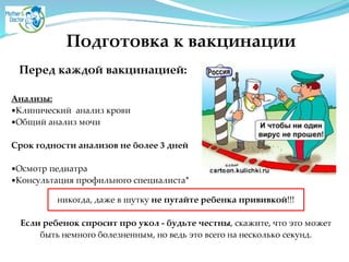 Подготовка к вакцинации
Перед каждой вакцинацией:2
!
Анализы:2
▪Клинический анализ кровиA
▪Общий анализ мочиA
!
Срок годности анализов не более 3 дней2
!
▪Осмотр педиатраA
▪Консультация профильного специалиста*A
никогда, даже в шутку не пугайте ребенка прививкой!!!A
!
Если ребенок спросит про укол - будьте честны, скажите, что это может
быть немного болезненным, но ведь это всего на несколько секунд.
 