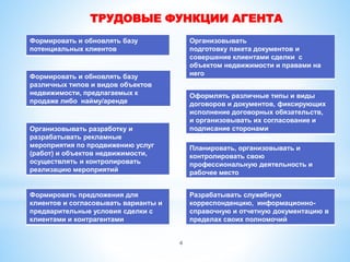 ТРУДОВЫЕ ФУНКЦИИ АГЕНТА
Формировать и обновлять базу
потенциальных клиентов
Формировать и обновлять базу
различных типов и видов объектов
недвижимости, предлагаемых к
продаже либо найму/аренде
Формировать предложения для
клиентов и согласовывать варианты и
предварительные условия сделки с
клиентами и контрагентами
Организовывать
подготовку пакета документов и
совершение клиентами сделки с
объектом недвижимости и правами на
него
Планировать, организовывать и
контролировать свою
профессиональную деятельность и
рабочее место
Организовывать разработку и
разрабатывать рекламные
мероприятия по продвижению услуг
(работ) и объектов недвижимости,
осуществлять и контролировать
реализацию мероприятий
Оформлять различные типы и виды
договоров и документов, фиксирующих
исполнение договорных обязательств,
и организовывать их согласование и
подписание сторонами
Разрабатывать служебную
корреспонденцию, информационно-
справочную и отчетную документацию в
пределах своих полномочий
4
 