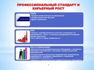 ПРОФЕССИОНАЛЬНЫЙ СТАНДАРТ И
КАРЬЕРНЫЙ РОСТ
Стажер
• Среднее профессиональное образование
• Профессиональное обучение
• Другие требования
Агент
• Наличие квалификационного аттестата «Специалист по
недвижимости – агент» по системе сертификации Российской
гильдии риэлторов
• Опыт работы в сфере недвижимости
Агент со специализацией
• Дополнительное профессиональное образование – программы
повышения квалификации, программы профессиональной
переподготовки
• Специализация по различным направлениям: коммерческая
недвижимость, загородная недвижимость, зарубежная
недвижимость, ипотека и т.п.
• Документы о дополнительном профессиональном образовании
• Дополнительное 9
 