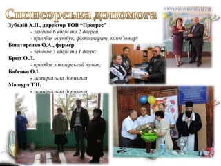 Зубалій А.П., директор ТОВ “Прогрес”
- замінив 6 вікон та 2 дверей;
- придбав ноутбук, фотоапарат, комп’ютер;
Богатиренко О.А., фермер
- замінив 3 вікон та 1 двері;
Брюх О.Л.
- придбав мікшерський пульт;
Бабенко О.І.
- матеріальна допомога
Мошура Т.П.
- матеріальна допомога
 