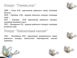 2009 – Сукач О.Б., переможець районного етапу номінація
біологія.
2010 – Горобець Л.М., лауреат обласного конкурсу номінація
хімія.
2011 – Сергата О.М. переможець районного конкурсу
номінація початкові класи.
2012 – Бондаренко О.І., лауреат районного конкурсу номінація
російська мова.
2012 – Колодяжна Н.О., переможець теоретичного етапу
районного конкурсу педагогічної майстерності класних
керівників.
 