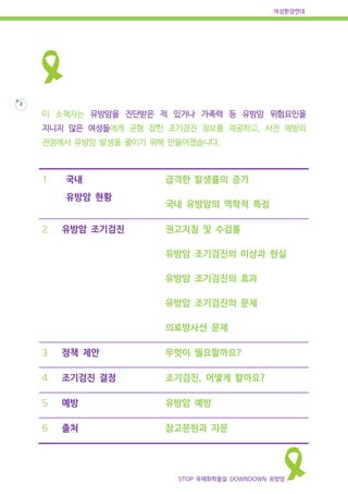 여성환경연대
STOP 유해화학물질 DOWNDOWN 유방암
2
이 소책자는 유방암을 진단받은 적 있거나 가족력 등 유방암 위험요인을
지니지 않은 여성들에게 균형 잡힌 조기검진 정보를 제공하고, 사전 예방의
관점에서 유방암 발생을 줄이기 위해 만들어졌습니다.
1 국내
유방암 현황
급격한 발생률의 증가
국내 유방암의 역학적 특징
2 유방암 조기검진 권고지침 및 수검률
유방암 조기검진의 이상과 현실
유방암 조기검진의 효과
유방암 조기검진의 문제
의료방사선 문제
3 정책 제안 무엇이 필요할까요?
4 조기검진 결정 조기검진, 어떻게 할까요?
5 예방 유방암 예방
6 출처 참고문헌과 자문
 