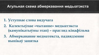 Агульная схема абмеркавання медыатэкста
1. Уступнае слова вядучага
2. Калектыўнае «чытанне» медыатэкста
(камунікатыўны этап) – прагляд кінафільма
3. Абмеркаванне медиатекста, падвядзенне
вынікаў занятка
 