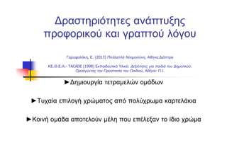 Δραστηριότητες ανάπτυξης
προφορικού και γραπτού λόγου
Γαρυφαλάκη, Ε. (2013) Πολλαπλή Νοημοσύνη, Αθήνα:Διόπτρα
ΚΕ.Θ.Ε.Α.- TACADE (1998) Εκπαιδευτικό Υλικό: Δεξιότητες για παιδιά του Δημοτικού.
Προάγοντας την Προστασία του Παιδιού, Αθήνα: Π.Ι.
►Δημιουργία τετραμελών ομάδων
►Τυχαία επιλογή χρώματος από πολύχρωμα καρτελάκια
►Κοινή ομάδα αποτελούν μέλη που επέλεξαν το ίδιο χρώμα
 
