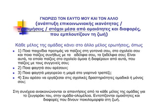 ΓΝΩΡΙΖΩ ΤΟΝ ΕΑΥΤΌ ΜΟΥ ΚΑΙ ΤΟΝ ΑΛΛΟ
(ανάπτυξη επικοινωνιακής ικανότητας /
προτιμήσεις / στόχοι μέσα από ομοιότητες και διαφορές,
που εμπλουτίζουν τη ζωή)
Κάθε μέλος της ομάδας κάνει στο άλλο μέλος ερωτήσεις, όπως
1) Ποια παιχνίδια προτιμάς να παίζεις στη γειτονιά σου, στο σχολείο σου
και ποια παίζεις συνήθως με τα αδέλφια σου, τα ξαδέλφια σου; Είναι
αυτά, τα οποία παίζεις στο σχολείο όμοια ή διαφέρουν από αυτά, που
παίζεις με τους συγγενείς σου;
2) Ποια φαγητά σου αρέσουν;
3) Ποια φαγητά μαγειρεύει η μαμά στο γιορτινό τραπέζι;
4) Σου αρέσει να εργάζεσαι στις σχολικές δραστηριότητες ομαδικά ή μόνος
σου;
Στη συνέχεια ανακοινώνονται οι απαντήσεις από το κάθε μέλος της ομάδας για
το ζευγαράκι του, στην ομάδα-ολομέλεια. Εντοπίζονται ομοιότητες και
διαφορές που δίνουν ποικιλομορφία στη ζωή.
 